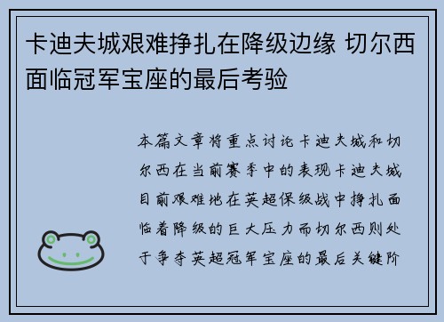 卡迪夫城艰难挣扎在降级边缘 切尔西面临冠军宝座的最后考验