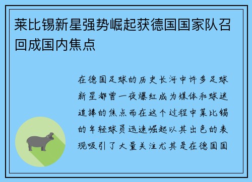 莱比锡新星强势崛起获德国国家队召回成国内焦点