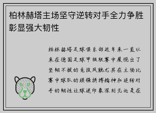柏林赫塔主场坚守逆转对手全力争胜彰显强大韧性